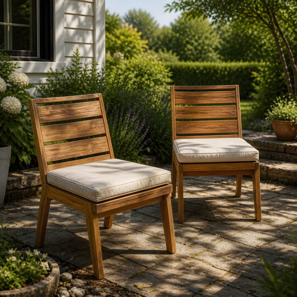 English Elm Outdoor Acacia Wood Dining Chairs Slatted Backrest Teak Finish Resort Style Patio Set Dining Chair Set of 2 Teak + Beige N762P455540D
