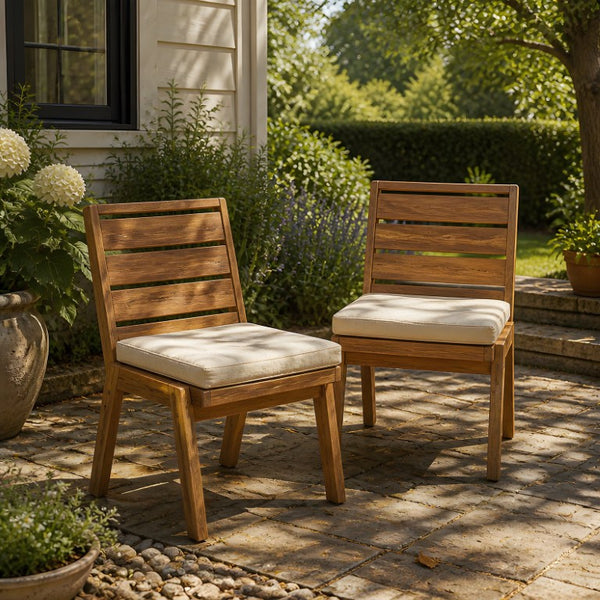 English Elm Outdoor Acacia Wood Dining Chairs Slatted Backrest Teak Finish Resort Style Patio Set Dining Chair Set of 2 Teak + Beige N762P455540D