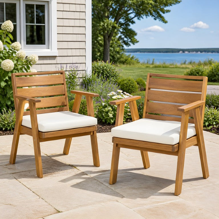 English Elm Outdoor Acacia Armchair Set with Woven Back Foam Cushions for Patio Garden Teak + Beige Acacia Wood, Polyester N762P455581D
