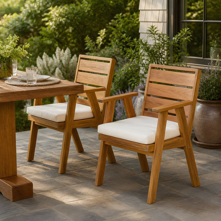 English Elm Outdoor Acacia Armchair Set with Woven Back Foam Cushions for Patio Garden Teak + Beige Acacia Wood, Polyester N762P455581D