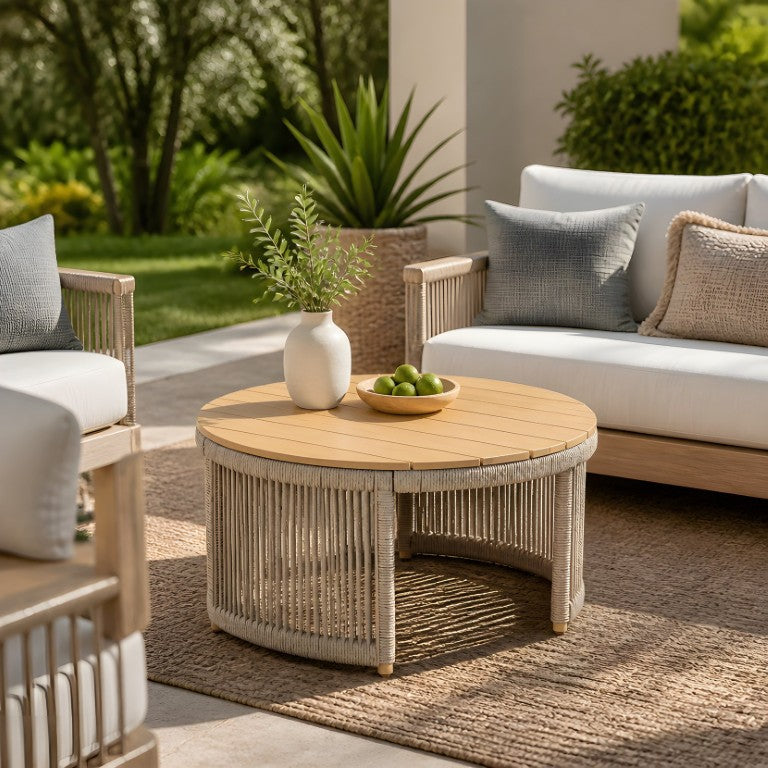 English Elm Round Outdoor Acacia Wood Coffee Table Woven Rope Base Coastal Boho Patio Lounge N762P459296L