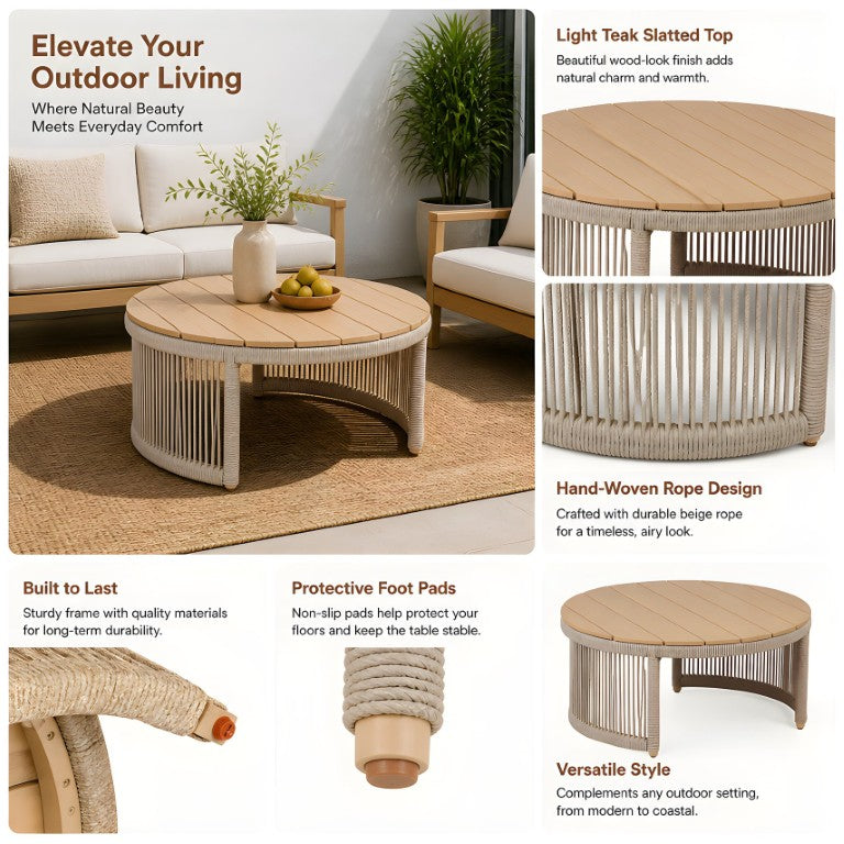 English Elm Round Outdoor Acacia Wood Coffee Table Woven Rope Base Coastal Boho Patio Lounge N762P459296L