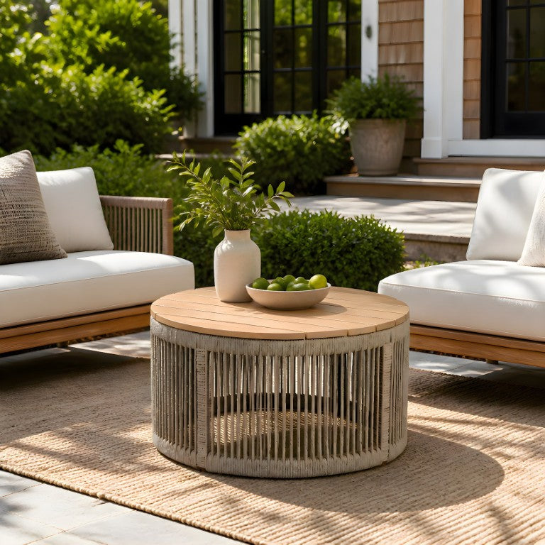 English Elm Outdoor Acacia Wood Round Patio Table with Hand Woven Rope Base for Deck or Garden N762P459297L