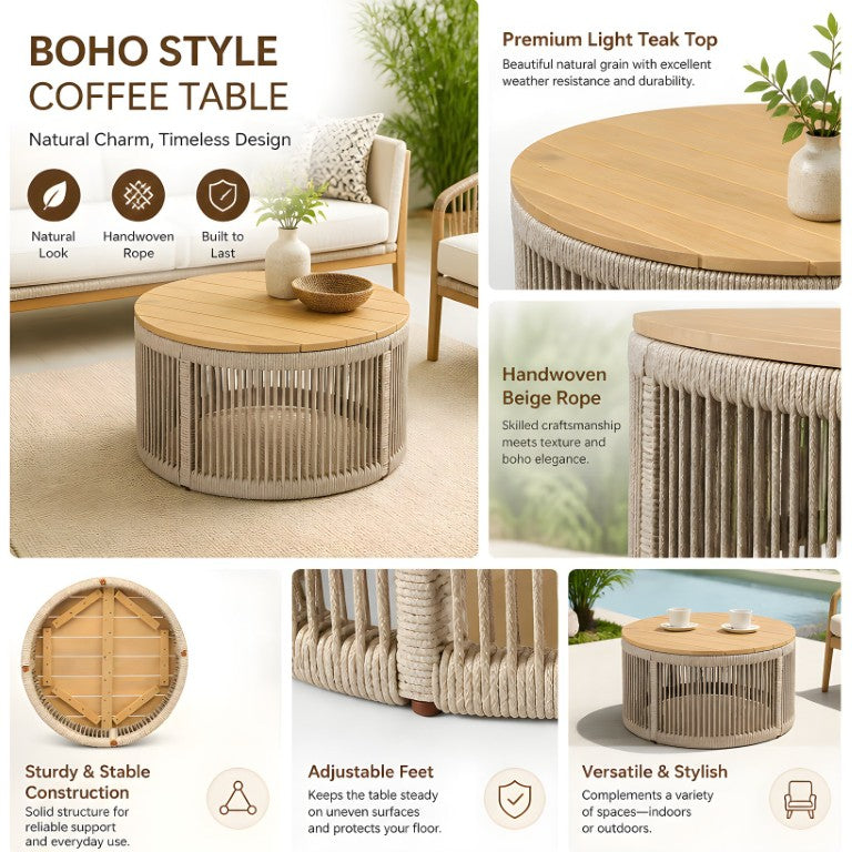 English Elm Outdoor Acacia Wood Round Patio Table with Hand Woven Rope Base for Deck or Garden N762P459297L