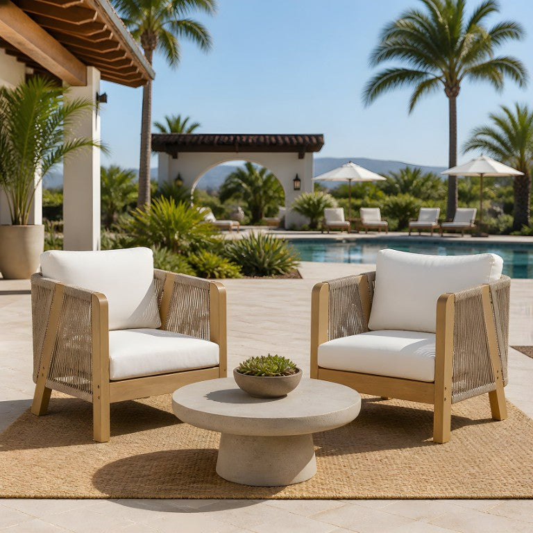 English Elm 2 Acacia Wood Outdoor Club Chairs Woven Rope Arms Cushioned Patio Lounge Set N762P459298L