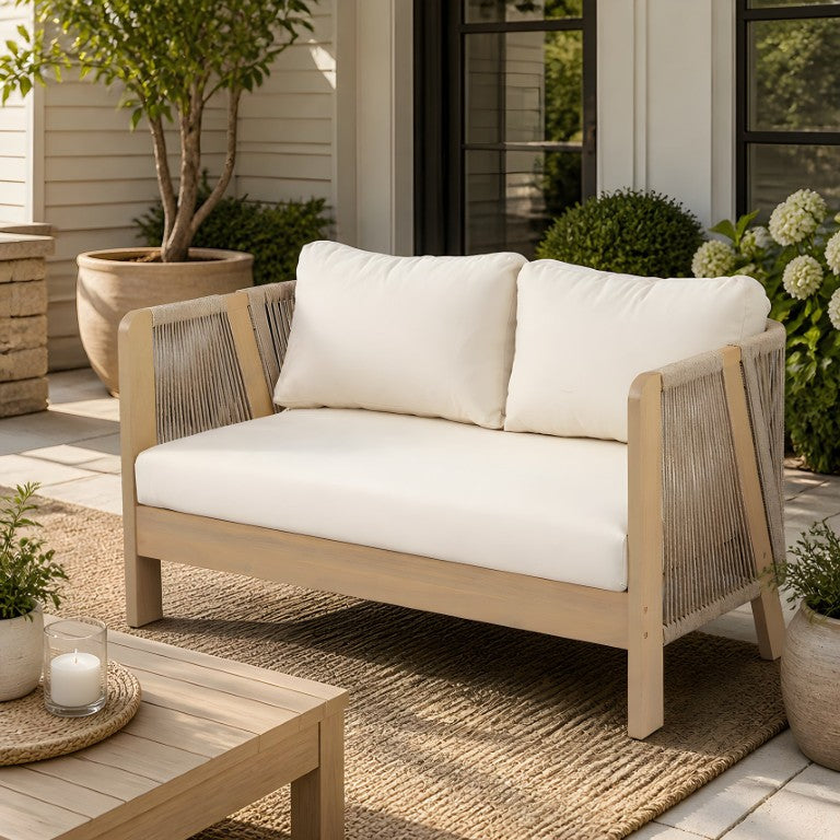 English Elm 54 Inch Outdoor Acacia Wood Loveseat Woven Rope Arms Teak Finish Patio Sofa N762P459299L