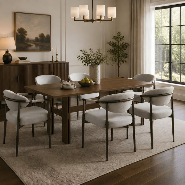 English Elm 7 Piece Oval Rubberwood Dining Set Walnut Finish with Upholstered Beige Chairs Seats 6 N762P467081D_N762P329075A6
