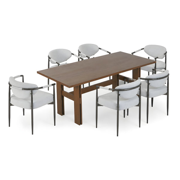 English Elm 7 Piece Oval Rubberwood Dining Set Walnut Finish with Upholstered Beige Chairs Seats 6 N762P467081D_N762P329075A6