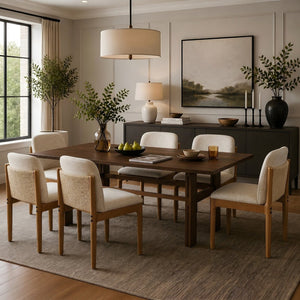 English Elm 7 Piece Solid Rubberwood Dining Set Seats Six with Brass Accent Upholstered Chairs N762P467081D_N762P379418D6