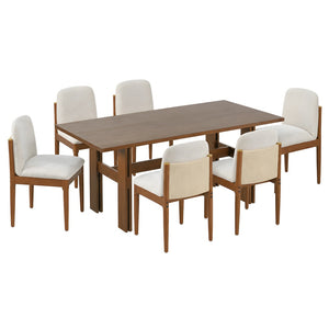 English Elm 7 Piece Solid Rubberwood Dining Set Seats Six with Brass Accent Upholstered Chairs N762P467081D_N762P379418D6