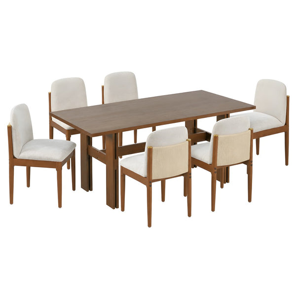 English Elm 7 Piece Solid Rubberwood Dining Set Seats Six with Brass Accent Upholstered Chairs N762P467081D_N762P379418D6