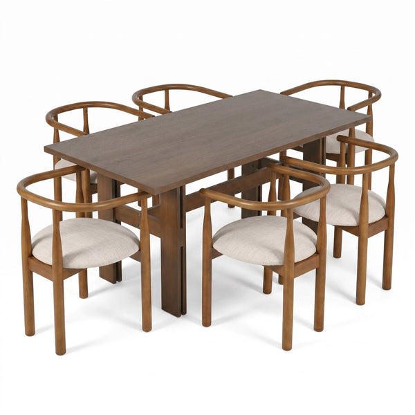 English Elm 7 Piece Solid Rubberwood Farmhouse Dining Set Seats Six with Cushioned Walnut Chairs N762P467081D_N762P388943W6