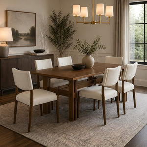 English Elm 7 Piece Solid Rubberwood Farmhouse Dining Set Seats Six with Linen Upholstered Chairs N762P467081D_N762P411382A6