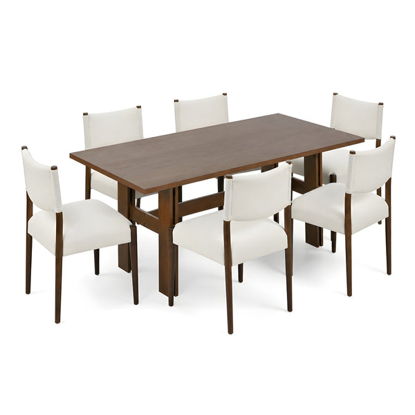 English Elm 7 Piece Solid Rubberwood Farmhouse Dining Set Seats Six with Linen Upholstered Chairs N762P467081D_N762P411382A6