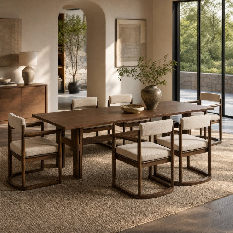 English Elm 7‑Piece Mid-Century Rubberwood Dining Set with Six Cushioned Arm Chairs and Walnut Finish N762P467081D_N762P412255D3