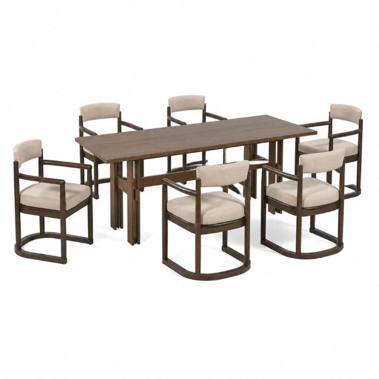 English Elm 7‑Piece Mid-Century Rubberwood Dining Set with Six Cushioned Arm Chairs and Walnut Finish N762P467081D_N762P412255D3