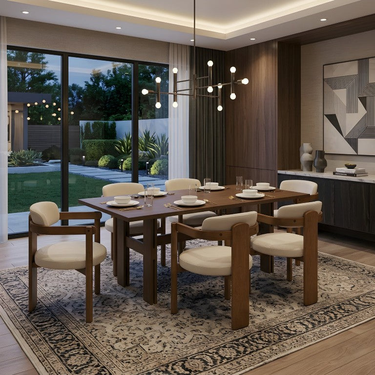 English Elm 7 Piece Solid Rubberwood Dining Set Seats Six with Upholstered Armchairs Walnut Finish N762P467081D_N762P446221D6