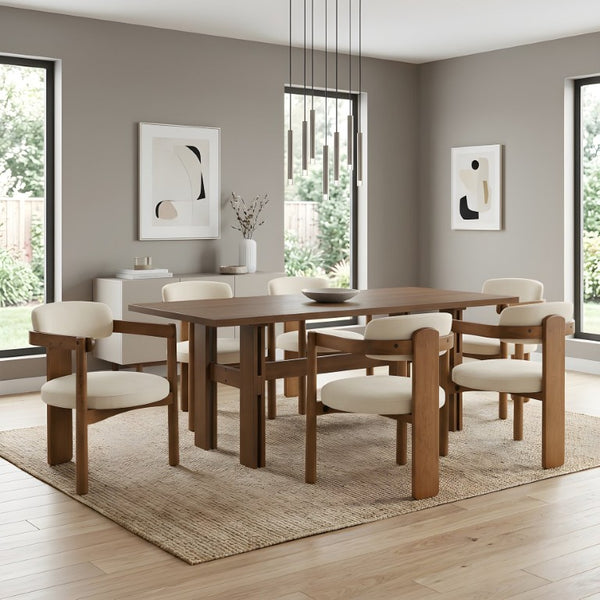 English Elm 7 Piece Solid Rubberwood Dining Set Seats Six with Upholstered Armchairs Walnut Finish N762P467081D_N762P446221D6