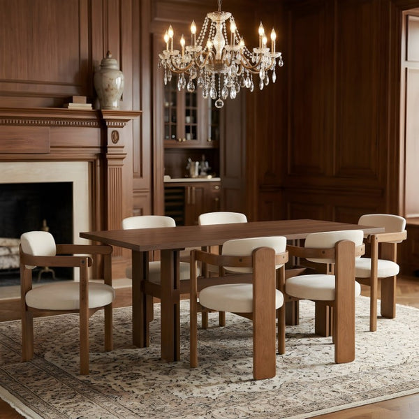 English Elm 7 Piece Solid Rubberwood Dining Set Seats Six with Upholstered Armchairs Walnut Finish N762P467081D_N762P446221D6