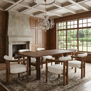 English Elm 7 Piece Farmhouse Dining Set Solid Rubberwood Table with Six Upholstered Arm Chairs Rectangle Beige N762P467081D_N762P446251D6