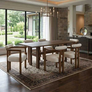 English Elm 7 Piece Farmhouse Dining Set Solid Rubberwood Table with Six Upholstered Arm Chairs Rectangle Beige N762P467081D_N762P446251D6