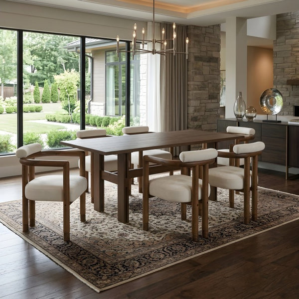 English Elm 7 Piece Farmhouse Dining Set Solid Rubberwood Table with Six Upholstered Arm Chairs Rectangle Beige N762P467081D_N762P446251D6