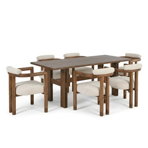 English Elm 7 Piece Farmhouse Dining Set Solid Rubberwood Table with Six Upholstered Arm Chairs Rectangle Beige N762P467081D_N762P446251D6
