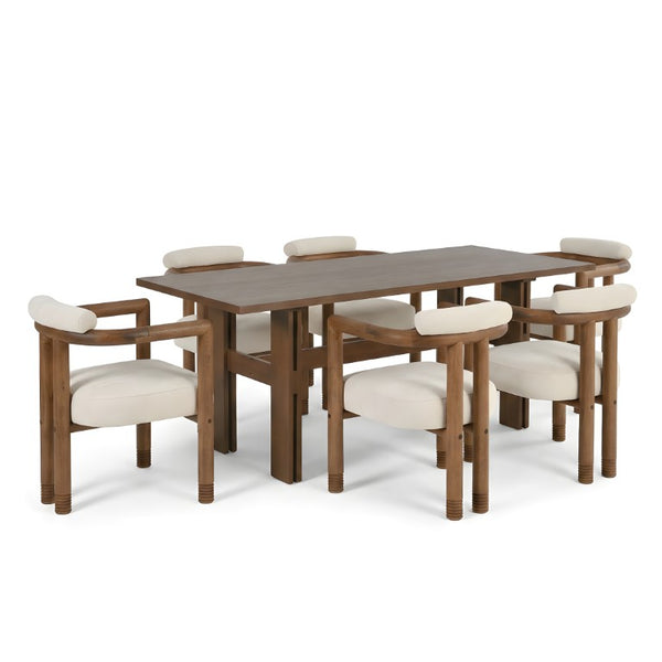 English Elm 7 Piece Farmhouse Dining Set Solid Rubberwood Table with Six Upholstered Arm Chairs Rectangle Beige N762P467081D_N762P446251D6