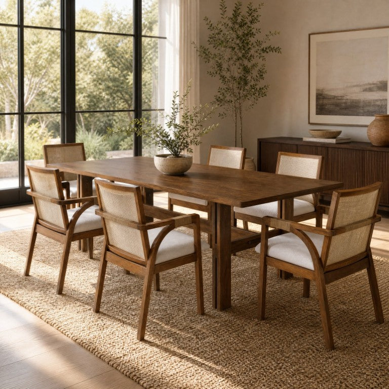 English Elm 7‑Piece Walnut Rubber Wood Dining Set Rattan Arm Chairs Woven Backrest Padded Seats N762P467081D_N762P472720D3