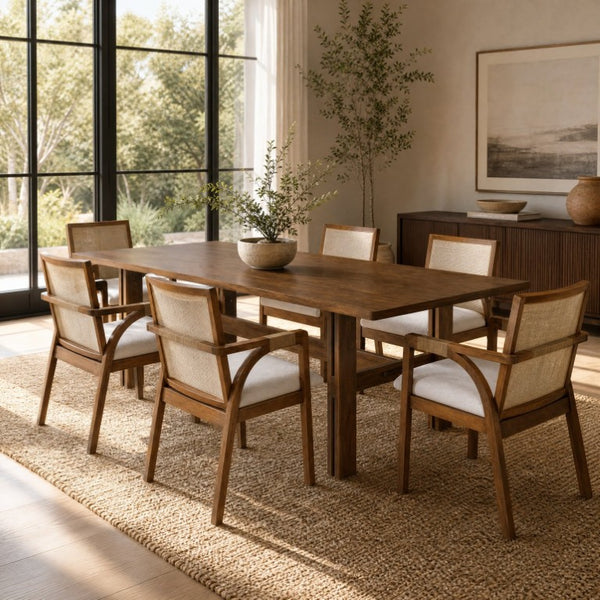 English Elm 7‑Piece Walnut Rubber Wood Dining Set Rattan Arm Chairs Woven Backrest Padded Seats N762P467081D_N762P472720D3