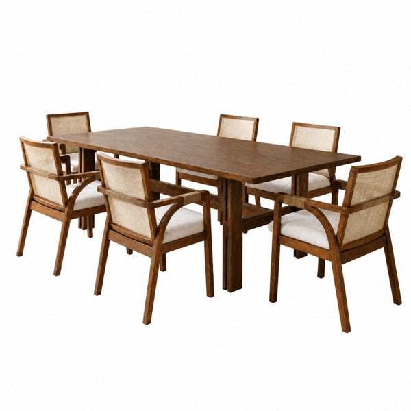 English Elm 7‑Piece Walnut Rubber Wood Dining Set Rattan Arm Chairs Woven Backrest Padded Seats N762P467081D_N762P472720D3