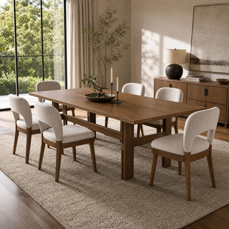 English Elm 7‑Piece Mid-Century Walnut Dining Set Solid Rubber Wood Table Six Cushioned Chairs N762P467081D_N762P472721D3