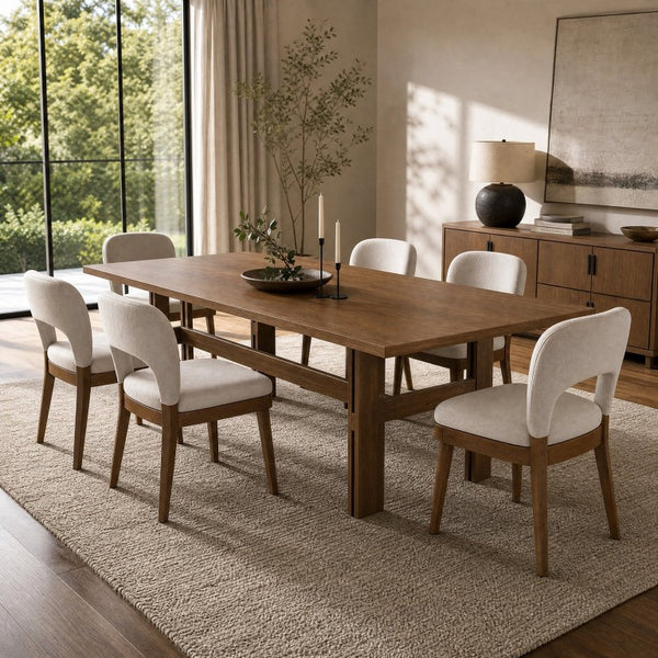 English Elm 7‑Piece Mid-Century Walnut Dining Set Solid Rubber Wood Table Six Cushioned Chairs N762P467081D_N762P472721D3
