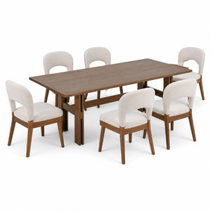 English Elm 7‑Piece Mid-Century Walnut Dining Set Solid Rubber Wood Table Six Cushioned Chairs N762P467081D_N762P472721D3