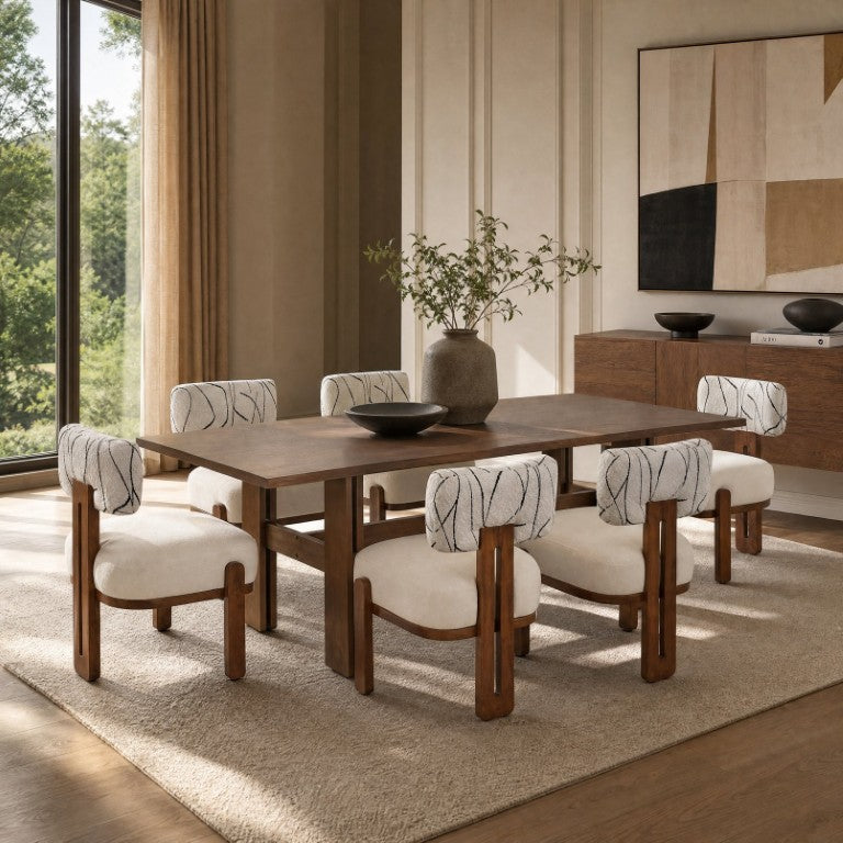 English Elm 7‑Piece Rubberwood Dining Set Seats Six with Boucle and Linen Upholstered Chairs N762P467081D_N762P472764D3