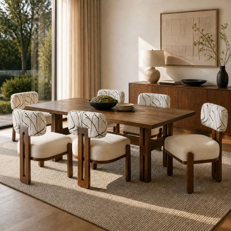 English Elm 7‑Piece Rubberwood Dining Set Seats Six with Boucle and Linen Upholstered Chairs N762P467081D_N762P472764D3