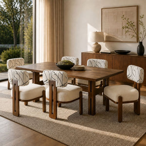 English Elm 7‑Piece Rubberwood Dining Set Seats Six with Boucle and Linen Upholstered Chairs N762P467081D_N762P472764D3