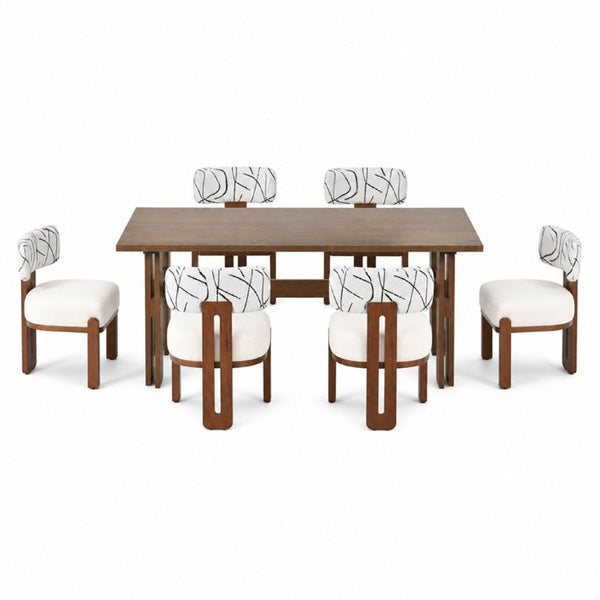English Elm 7‑Piece Rubberwood Dining Set Seats Six with Boucle and Linen Upholstered Chairs N762P467081D_N762P472764D3