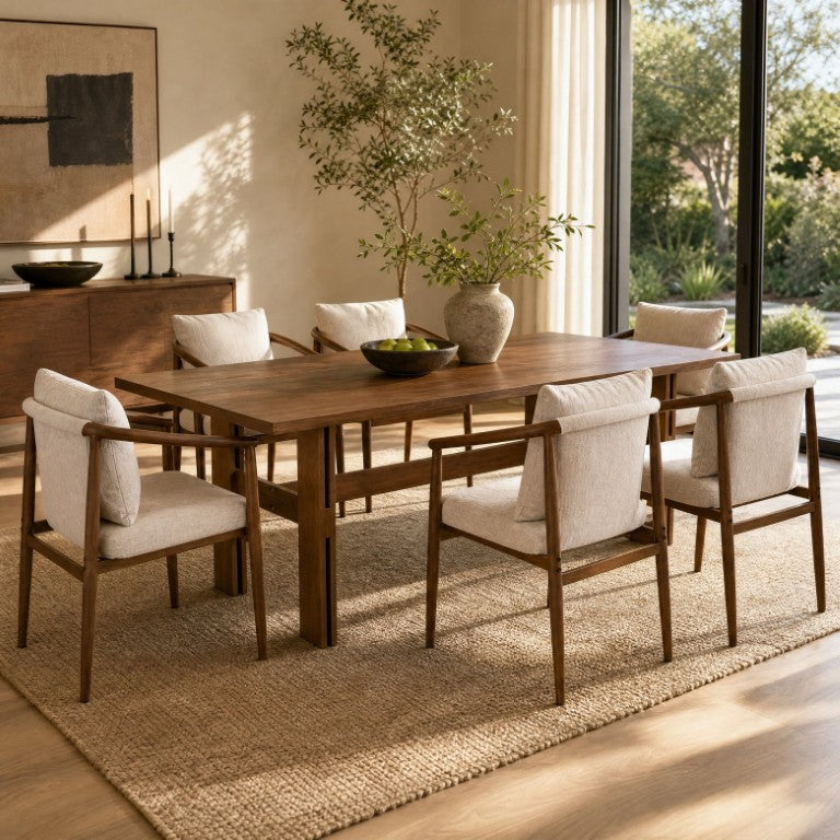 English Elm 7‑Piece Walnut Rubberwood Dining Set with Six Iron Frame Upholstered Armchairs for Family Kitchen N762P467081D_N762P492515A3