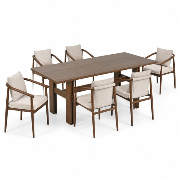 English Elm 7‑Piece Walnut Rubberwood Dining Set with Six Iron Frame Upholstered Armchairs for Family Kitchen N762P467081D_N762P492515A3