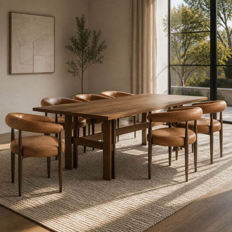 English Elm 7‑Piece Walnut Rubberwood Dining Set with Six PU Leather Barrel Back Chairs Modern N762P467081D_N762P492521G3