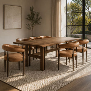 English Elm 7‑Piece Walnut Rubberwood Dining Set with Six PU Leather Barrel Back Chairs Modern N762P467081D_N762P492521G3