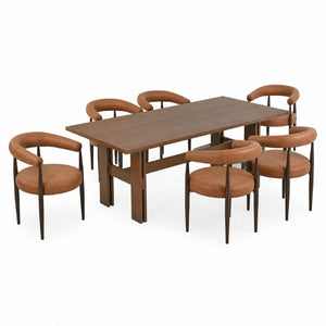 English Elm 7‑Piece Walnut Rubberwood Dining Set with Six PU Leather Barrel Back Chairs Modern N762P467081D_N762P492521G3
