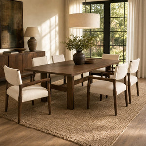 English Elm 7‑Piece Solid Rubber Wood Dining Set with Walnut Finish and Beige Upholstered Arm Chairs N762P467081D_N762P503857A3