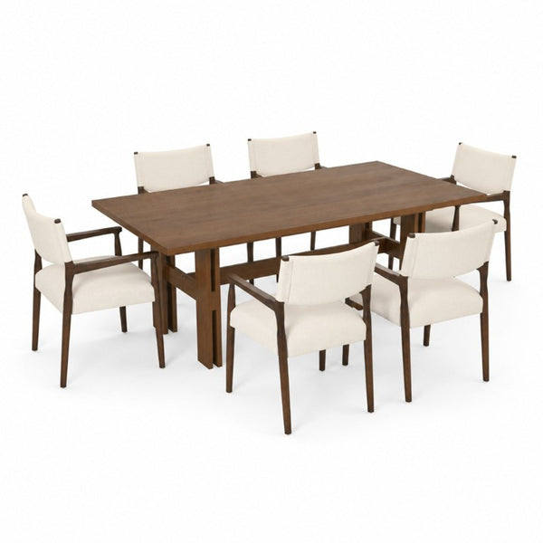 English Elm 7‑Piece Solid Rubber Wood Dining Set with Walnut Finish and Beige Upholstered Arm Chairs N762P467081D_N762P503857A3