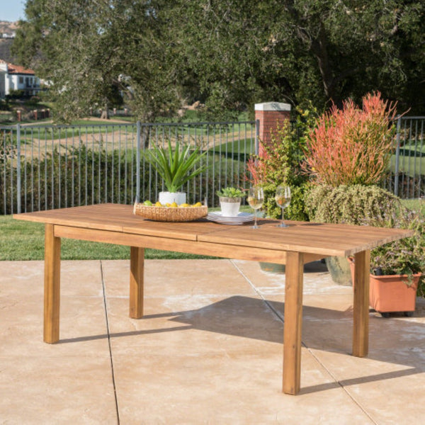 English Elm Extendable Acacia Wood Outdoor Dining Table Teak Finish Slatted Patio Entertainer N762P467423D