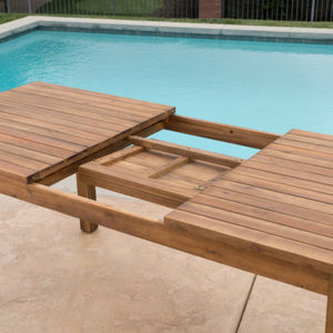 English Elm Extendable Acacia Wood Outdoor Dining Table Teak Finish Slatted Patio Entertainer N762P467423D