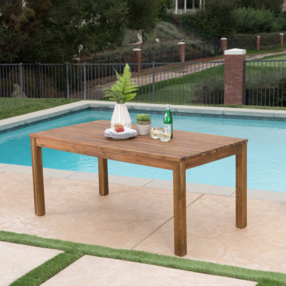 English Elm Extendable Acacia Wood Outdoor Dining Table Teak Finish Slatted Patio Entertainer N762P467423D