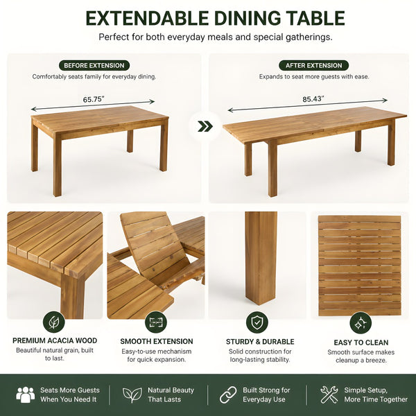 English Elm Extendable Acacia Wood Outdoor Dining Table Teak Finish Slatted Patio Entertainer N762P467423D