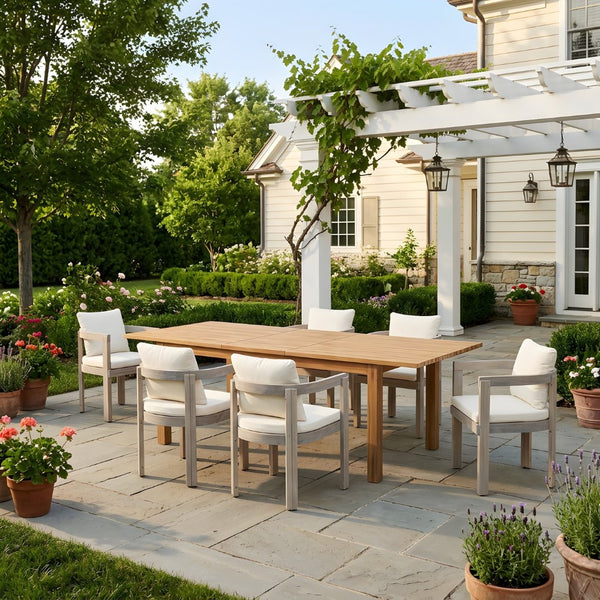 English Elm 7 Piece Solid Acacia Outdoor Dining Set with Extendable Teak Table and Six Armchairs N762P467423D_N762P380633K6